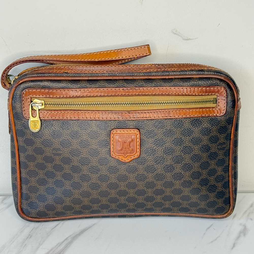 Celine Brown Macadam Vintage Wristlet Clutch Pouch